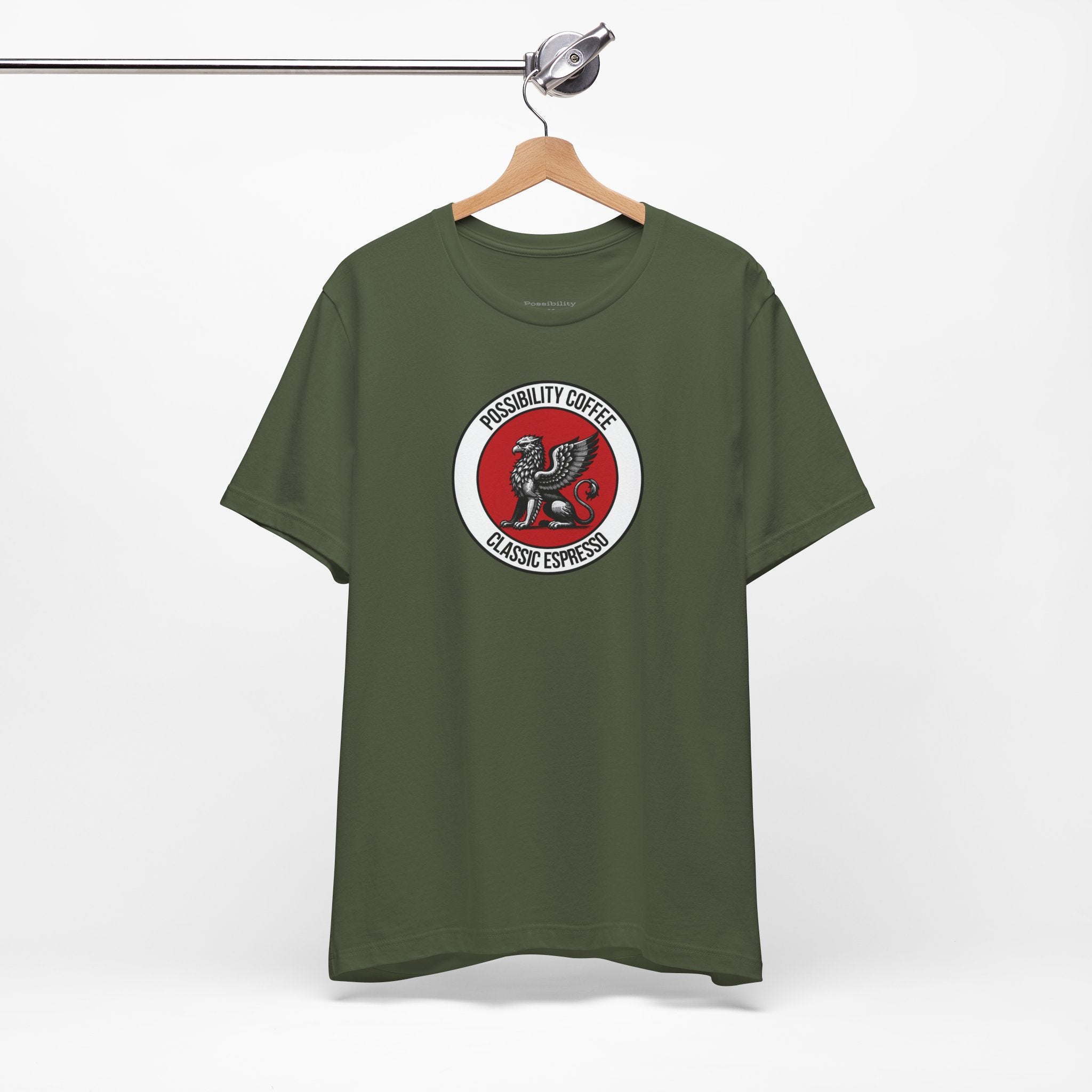 Classic Espresso Griffin  Green t-shirt with a red and white logo on a hanger against a white background