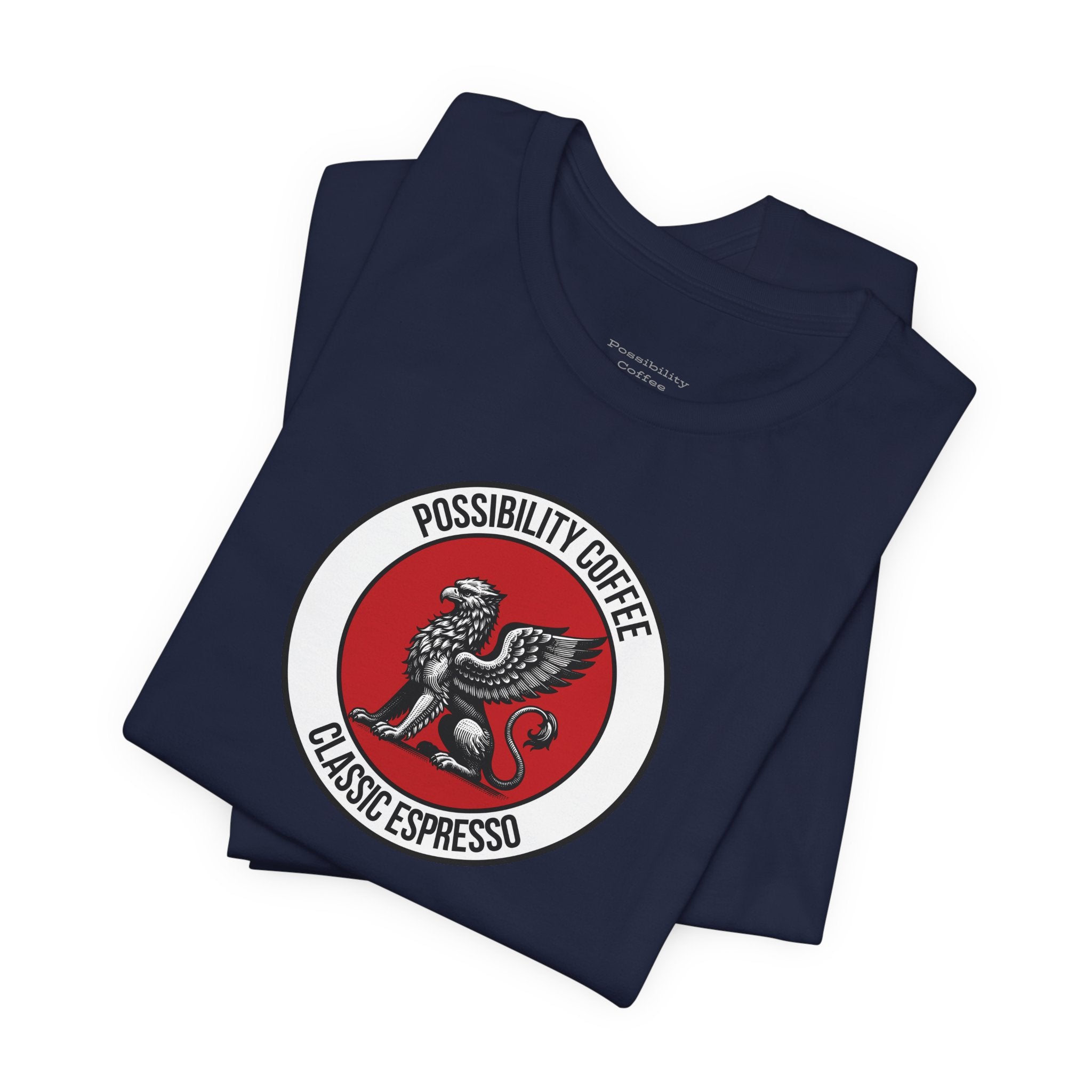 Classic Espresso Griffin Navy blue t-shirt with a red and white logo on a white background