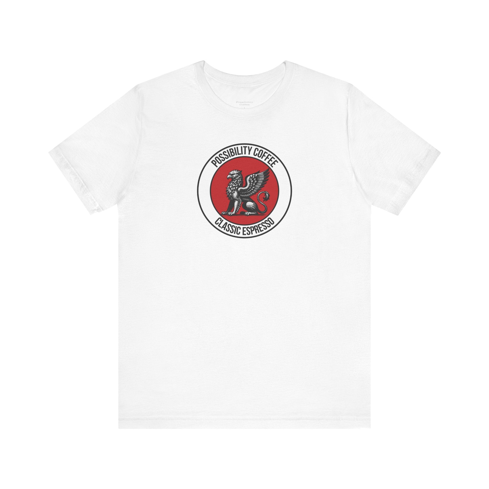 Classic Espresso Griffin White t-shirt with a red and black logo on a white background