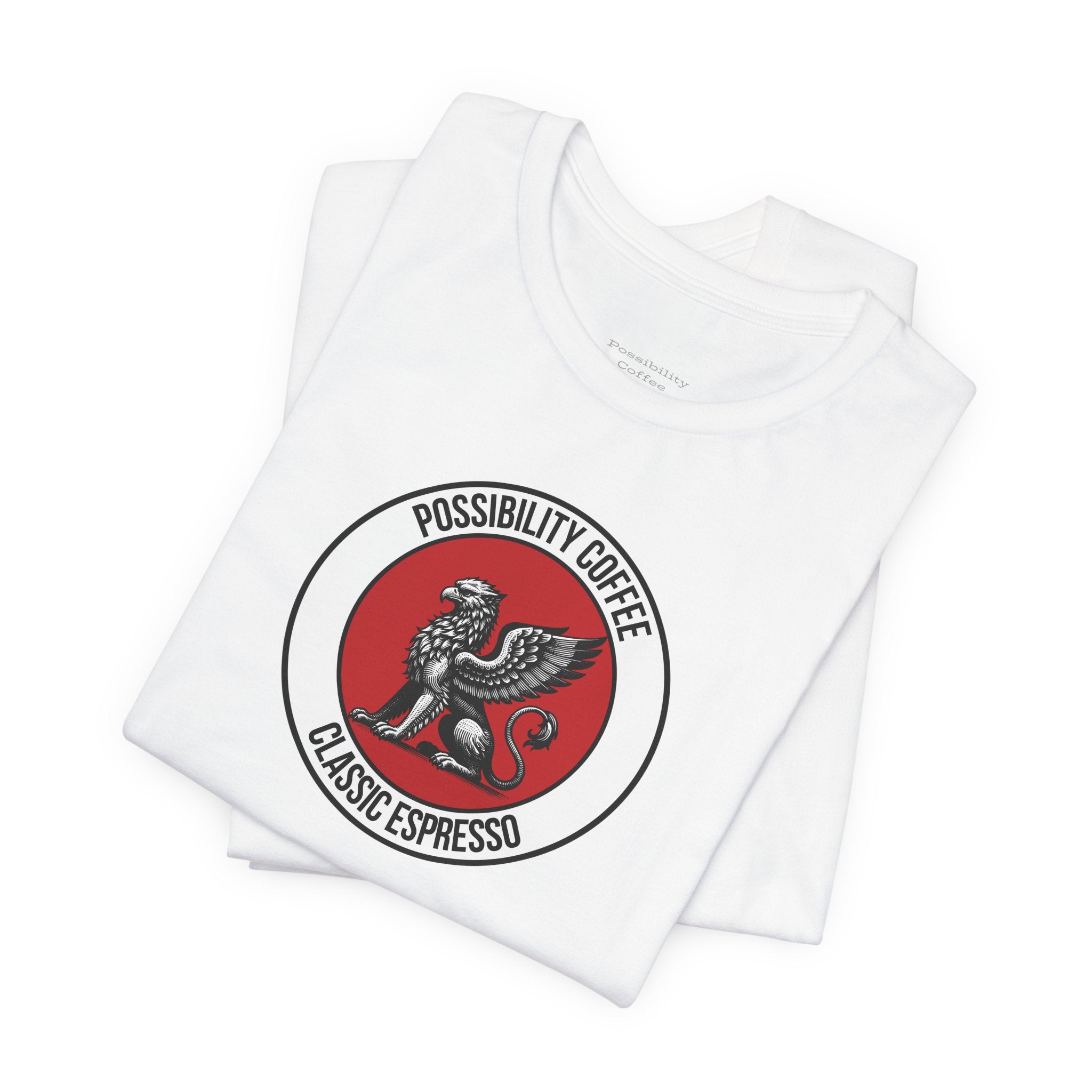 Classic Espresso Griffin Folded white t-shirt with a red and black logo on a white background