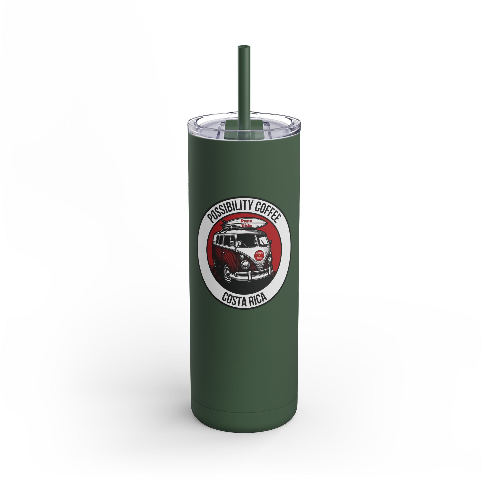 Green tumbler with a logo and text on a white background