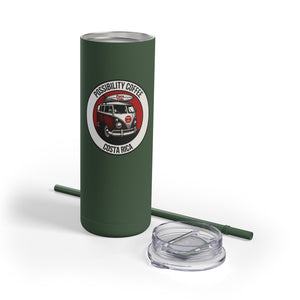 Green tumbler with a Costa Rica coffee brand logo on a white background