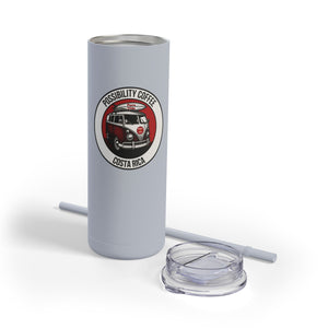Gray tumbler with a logo and text on a white background