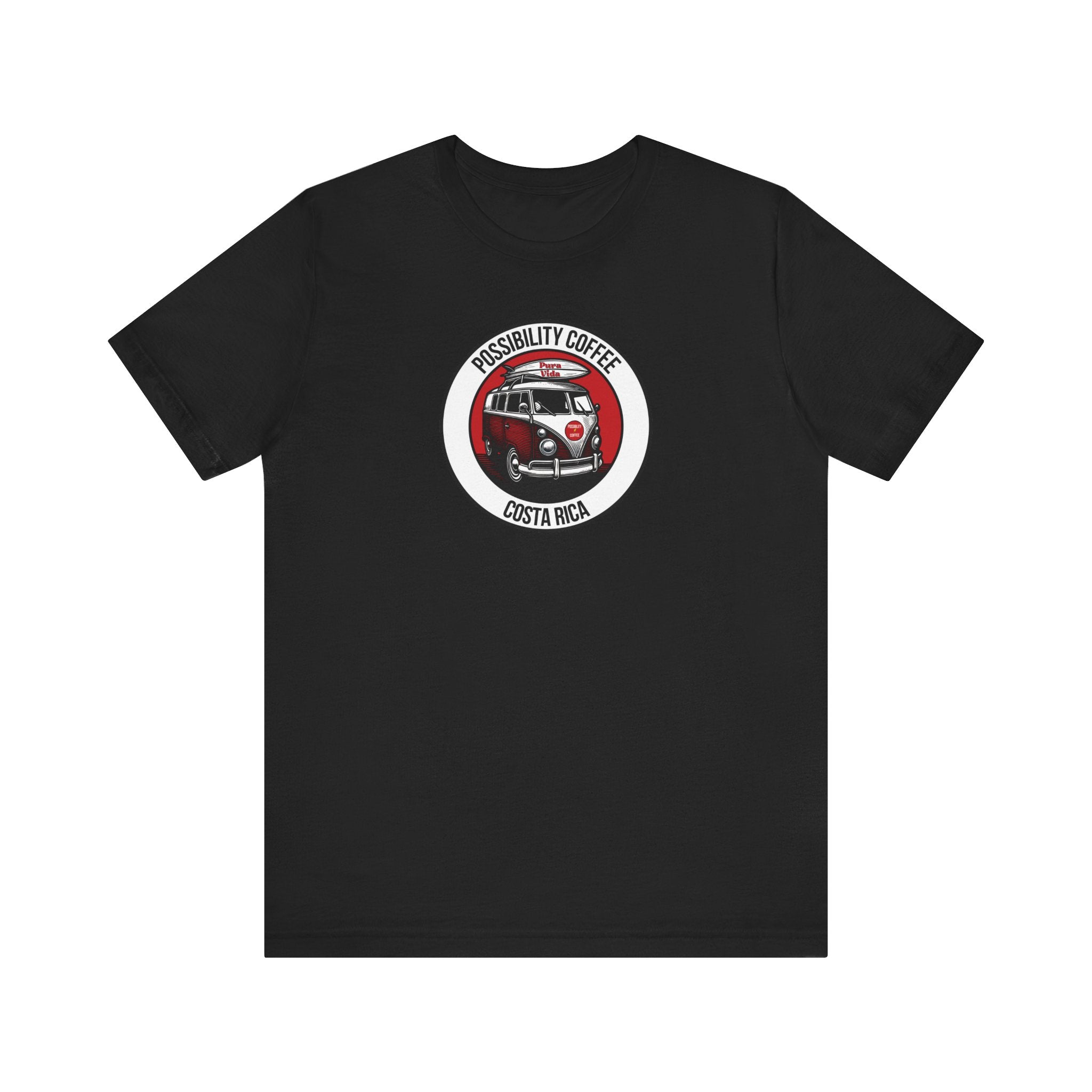 Costa Rica Pura Vida Black t-shirt with a graphic of a van with Surfboard and text on a white background