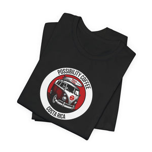 Costa Rica Pura Vida Black t-shirt with 'Possibility Coffee Costa Rica' graphic design of van with Surfboard on a white background