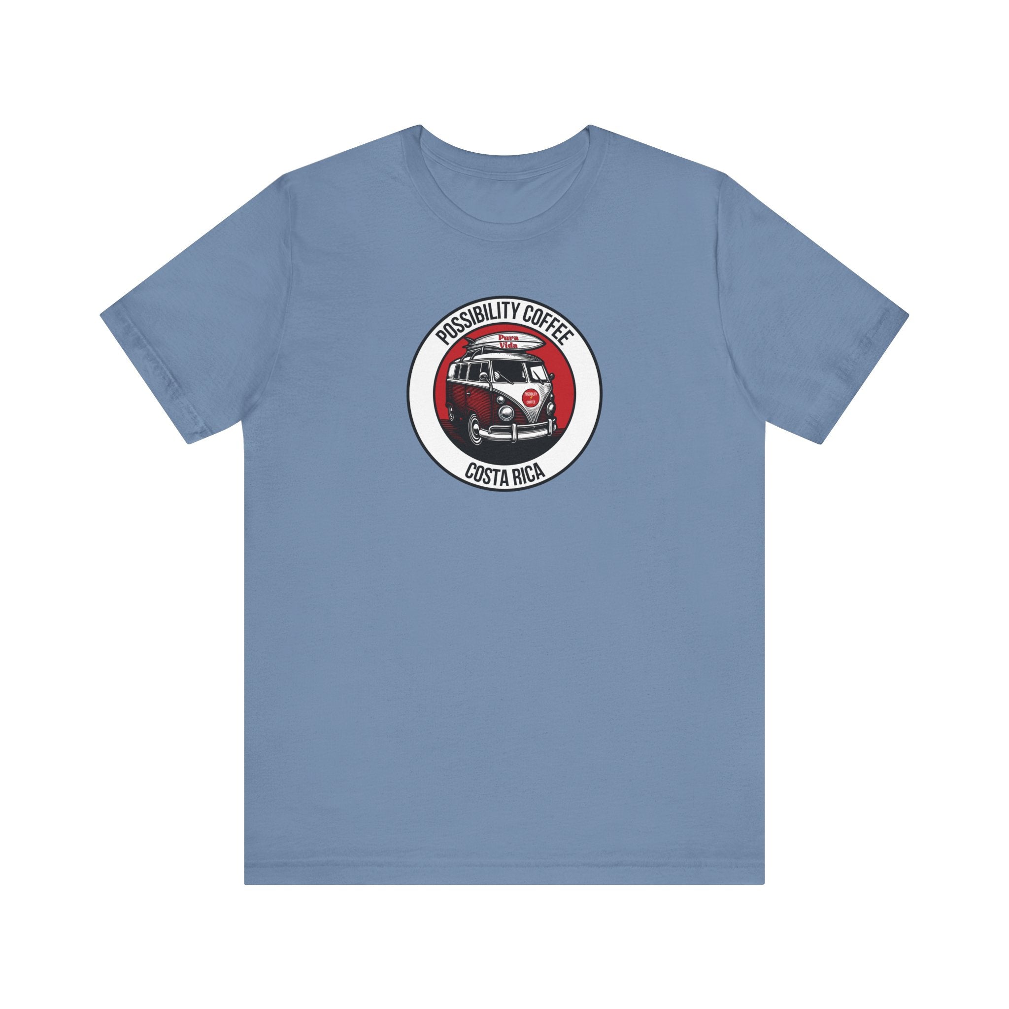 Costa Rica Pura Vida Blue t-shirt with a graphic of a van with surf board and text on a white background