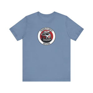 Costa Rica Pura Vida Blue t-shirt with a graphic of a van with surf board and text on a white background