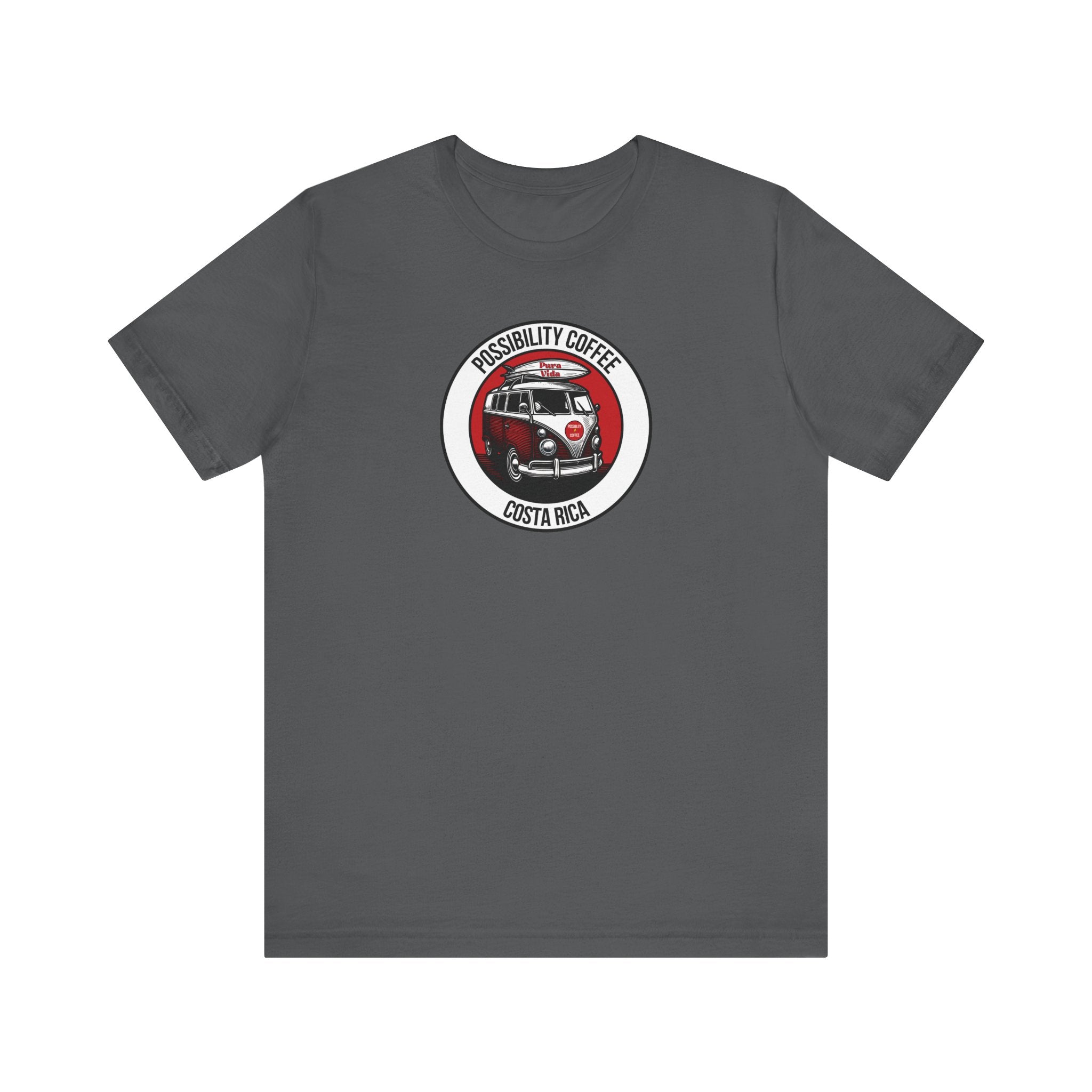 Costa Rica Pura Vida Gray t-shirt with a circular design featuring a van and Surfboard and text on a white background