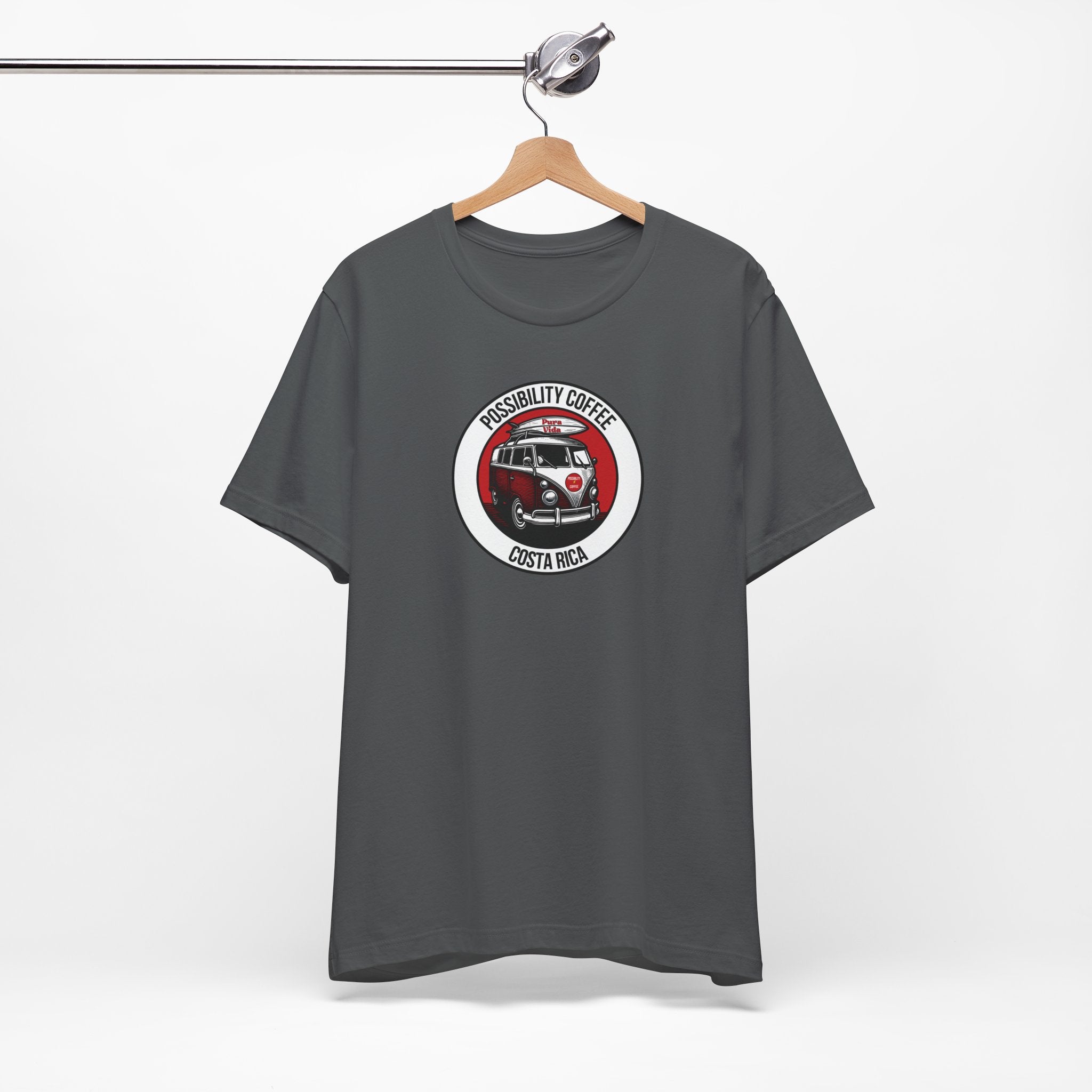 Costa Rica Pura Vida Gray t-shirt with a graphic design on a hanger against a white background