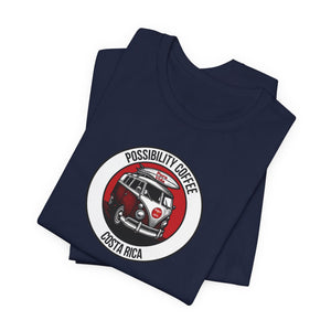 Costa Rica Pura Vida Navy blue t-shirt with a graphic design featuring a van and surfboard and text on a white background