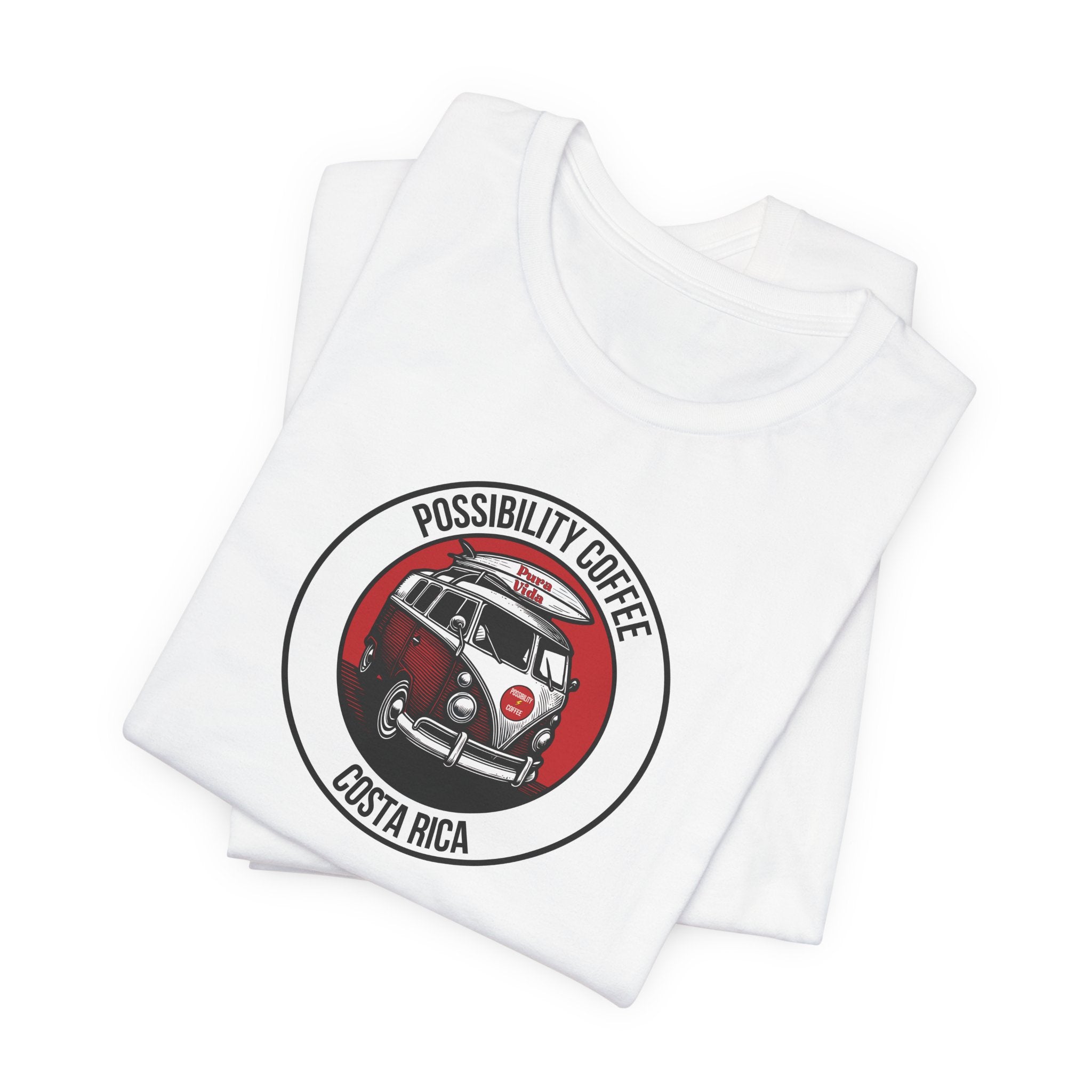 Costa Rica Pura Vida Folded white t-shirt with 'Possibility Coffee Costa Rica' graphic with van and surf board on a white background