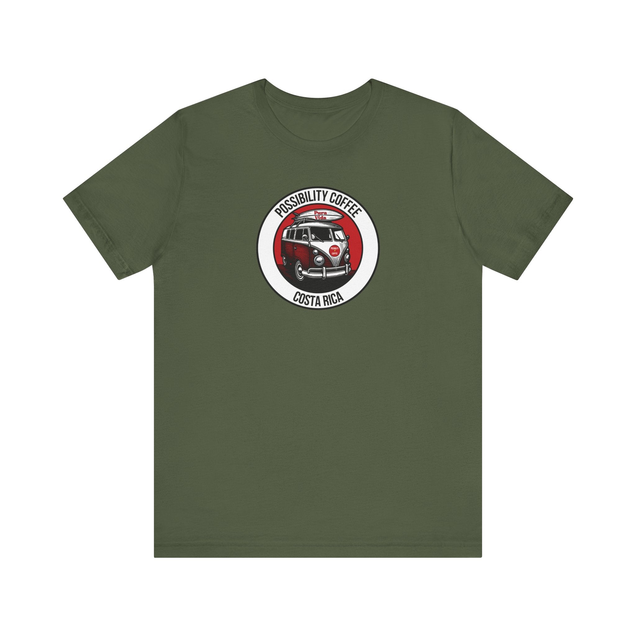 Costa Rica Pura Vida Green t-shirt with a graphic of a van and surf board and text on a white background