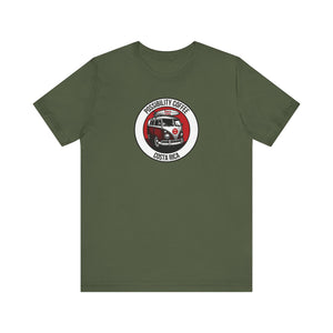 Costa Rica Pura Vida Green t-shirt with a graphic of a van and surf board and text on a white background