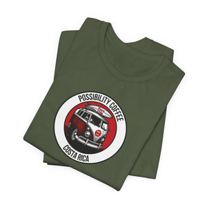 Costa Rica Pura Vida Folded green t-shirt with a graphic design van with surf board on a white background