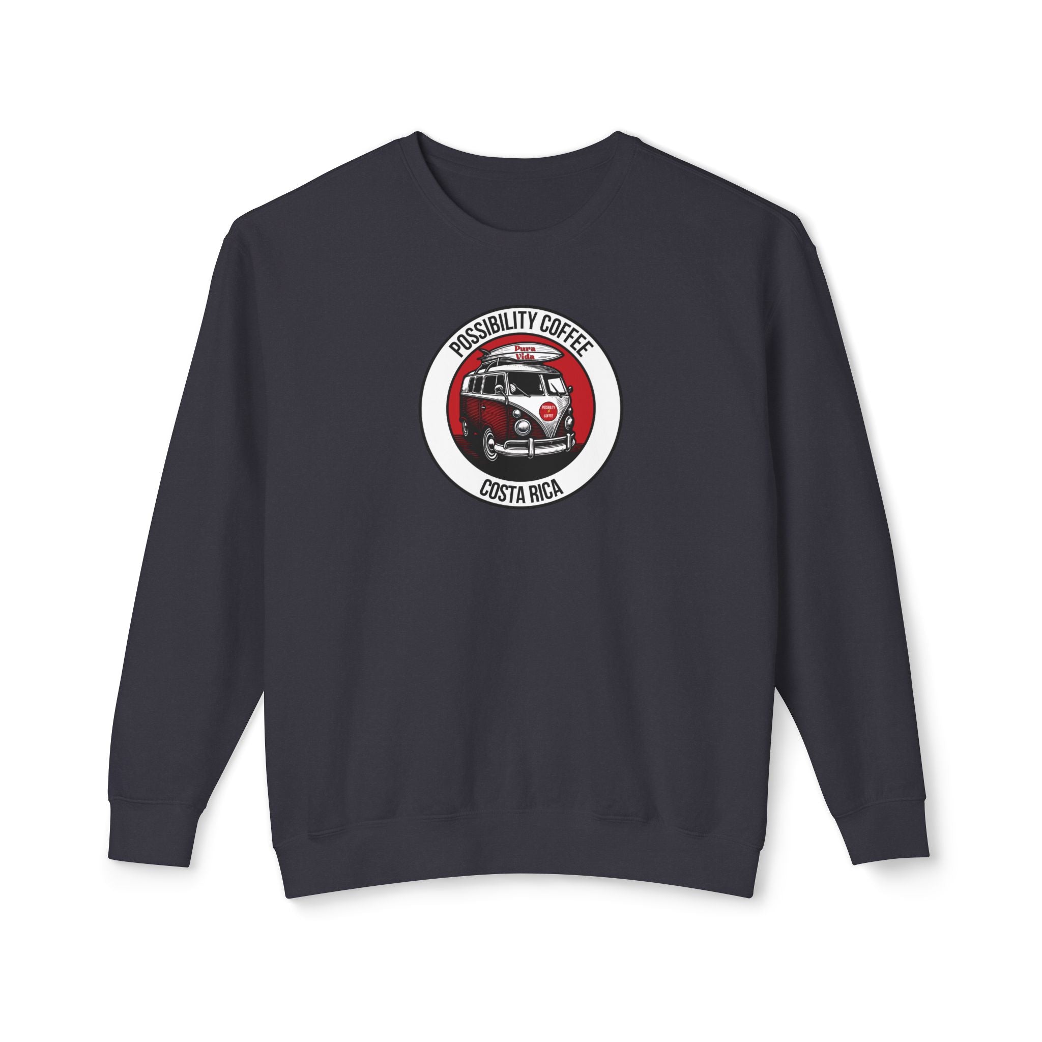 Costa Rica Pura Vida Black sweatshirt with a graphic design of van and surfboard on a white background