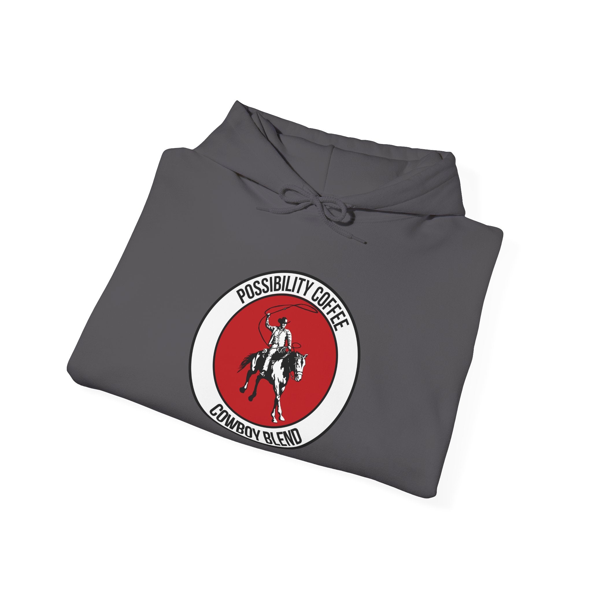 Cowboy Coffee Folded gray hoodie with a red and white logo on a white background