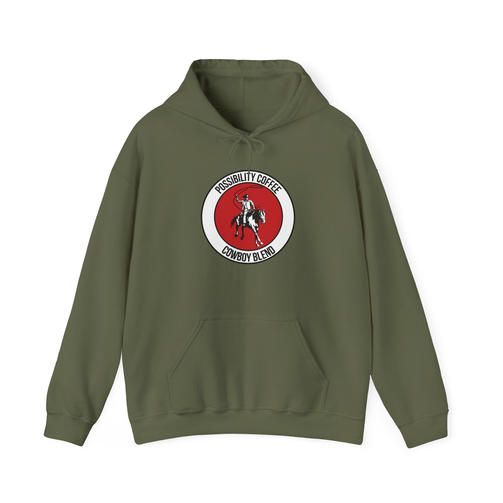 Cowboy Coffee Green hoodie with a red and white cowboy on horse logo on a white background