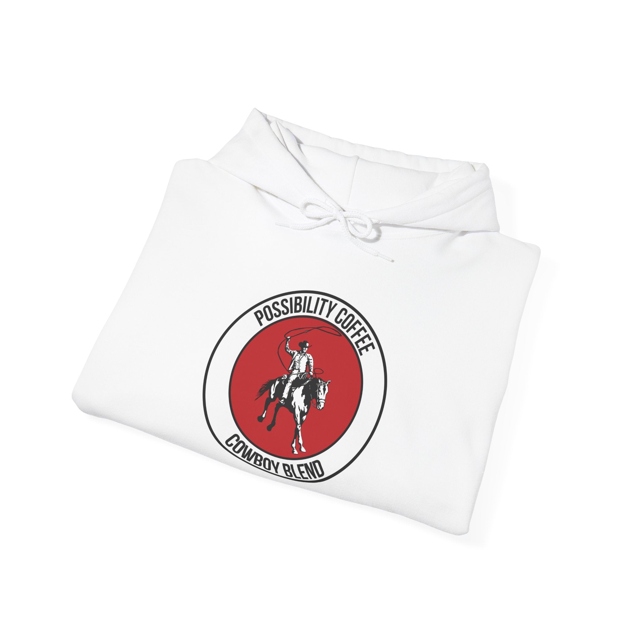 Cowboy coffee Folded white hoodie with a red and black cowboy on horse logo on a white background