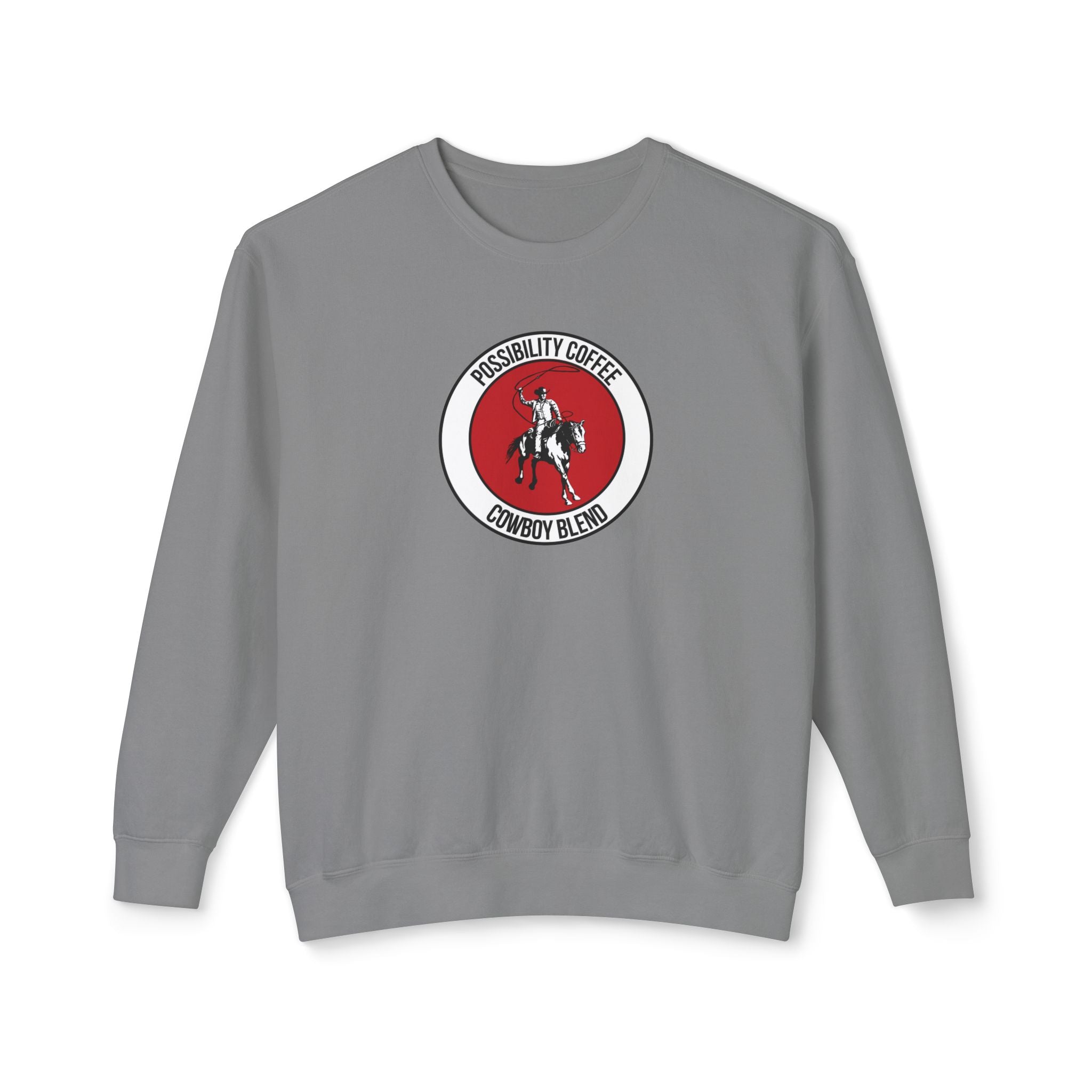 Cowboy Coffee Gray sweatshirt with a red and white logo featuring a cowboy on a horse on a white background