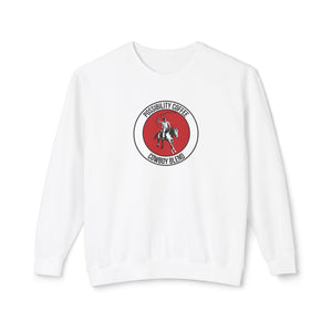 Cowboy Coffee White sweatshirt with a red and black logo featuring a cowboy on a horse on a white background