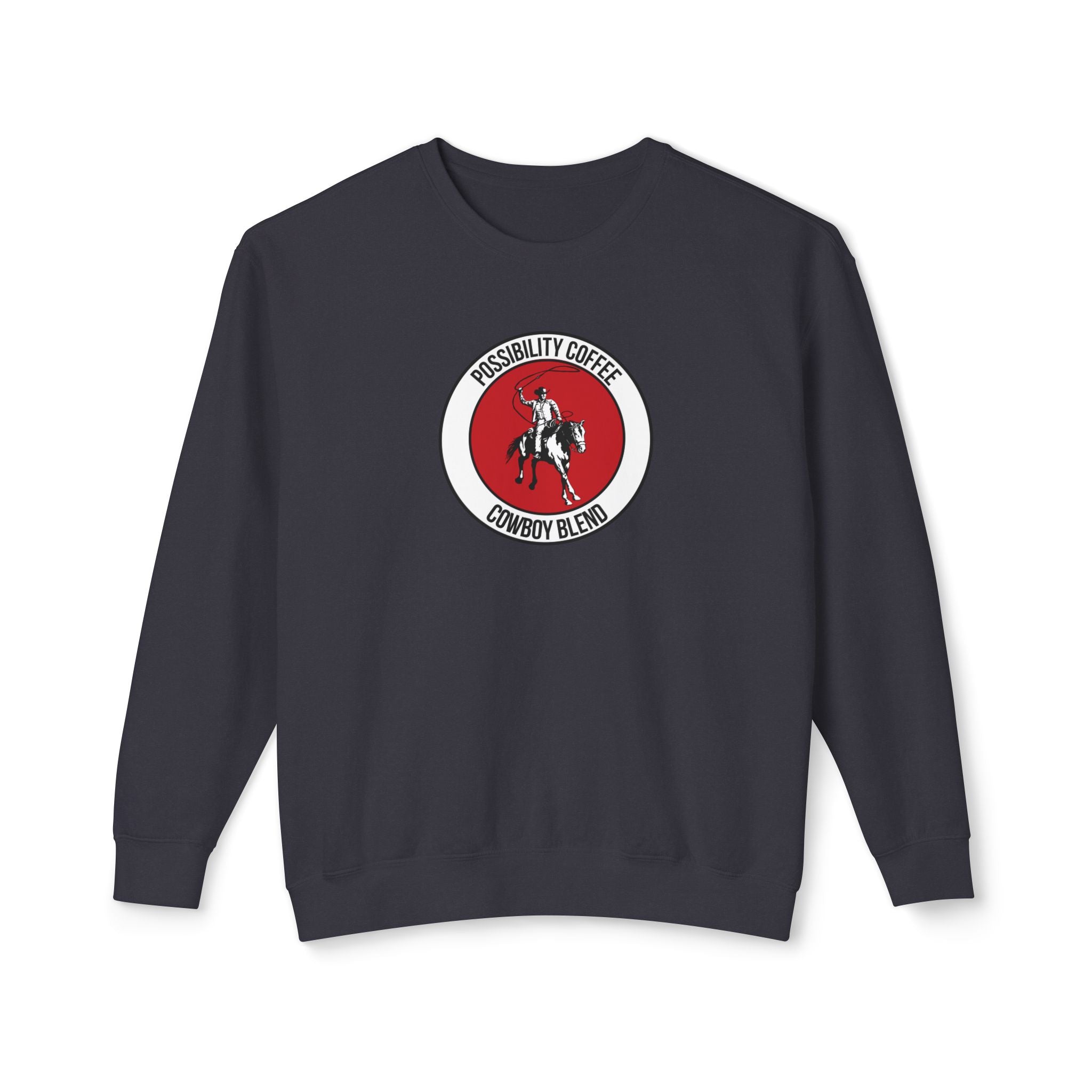 Cowboy Coffee black sweatshirt with a red and white logo featuring a cowboy on a horse  on a white background
