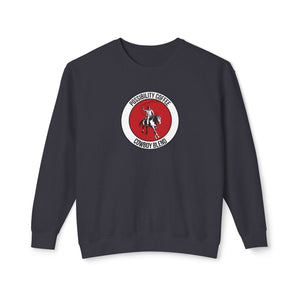 Cowboy Coffee black sweatshirt with a red and white logo featuring a cowboy on a horse  on a white background