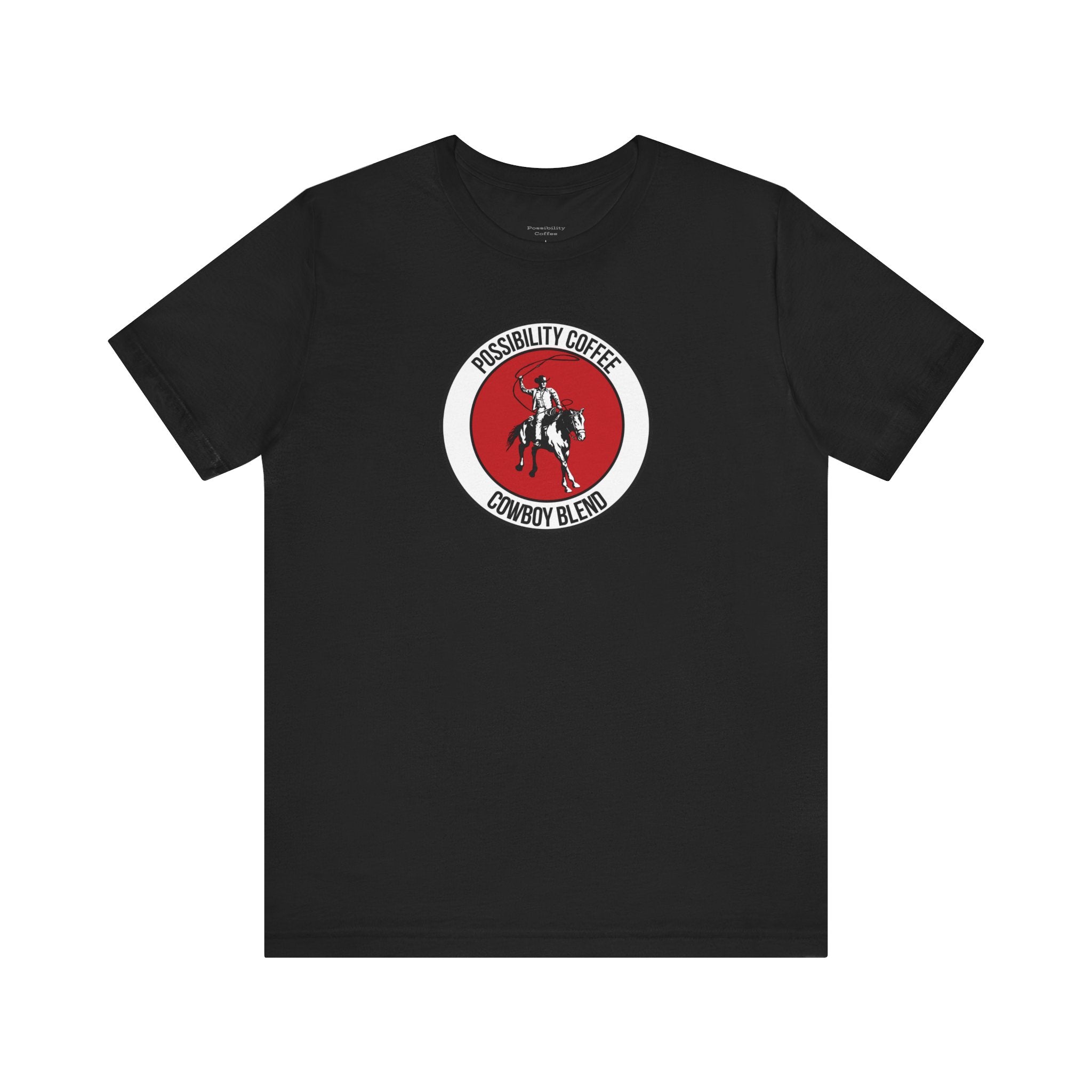 Cowboy Coffee Black t-shirt with a red and white graphic featuring cowboy on horse on a white background