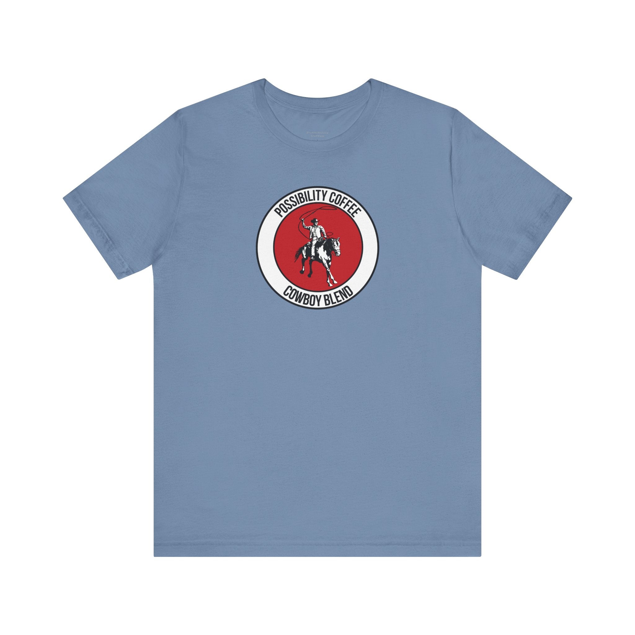 Cowboy coffee Blue t-shirt with a red and white graphic featuring cowboy on horse on a white background