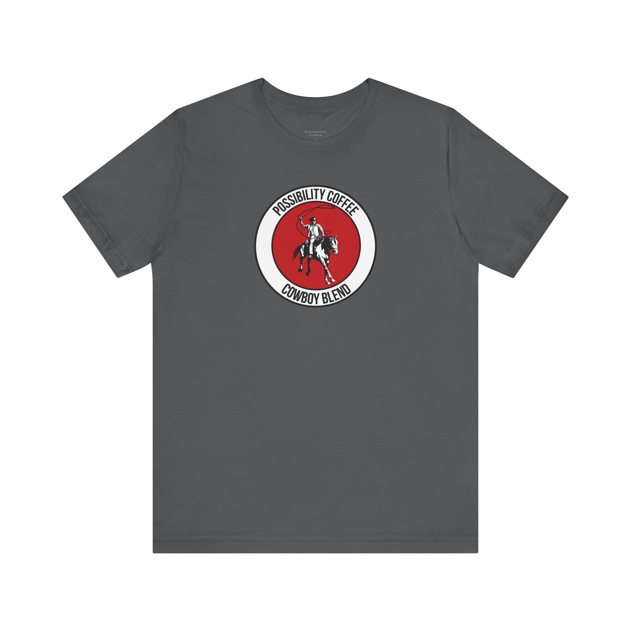Cowboy Coffee Gray t-shirt with a red and white graphic featuring cowboy on horse  on a white background