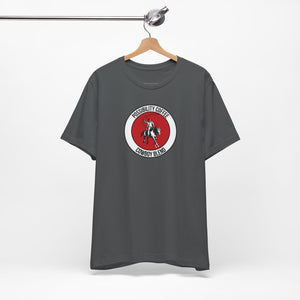 Cowboy Coffee Gray t-shirt with a red and white logo on a hanger against a white background