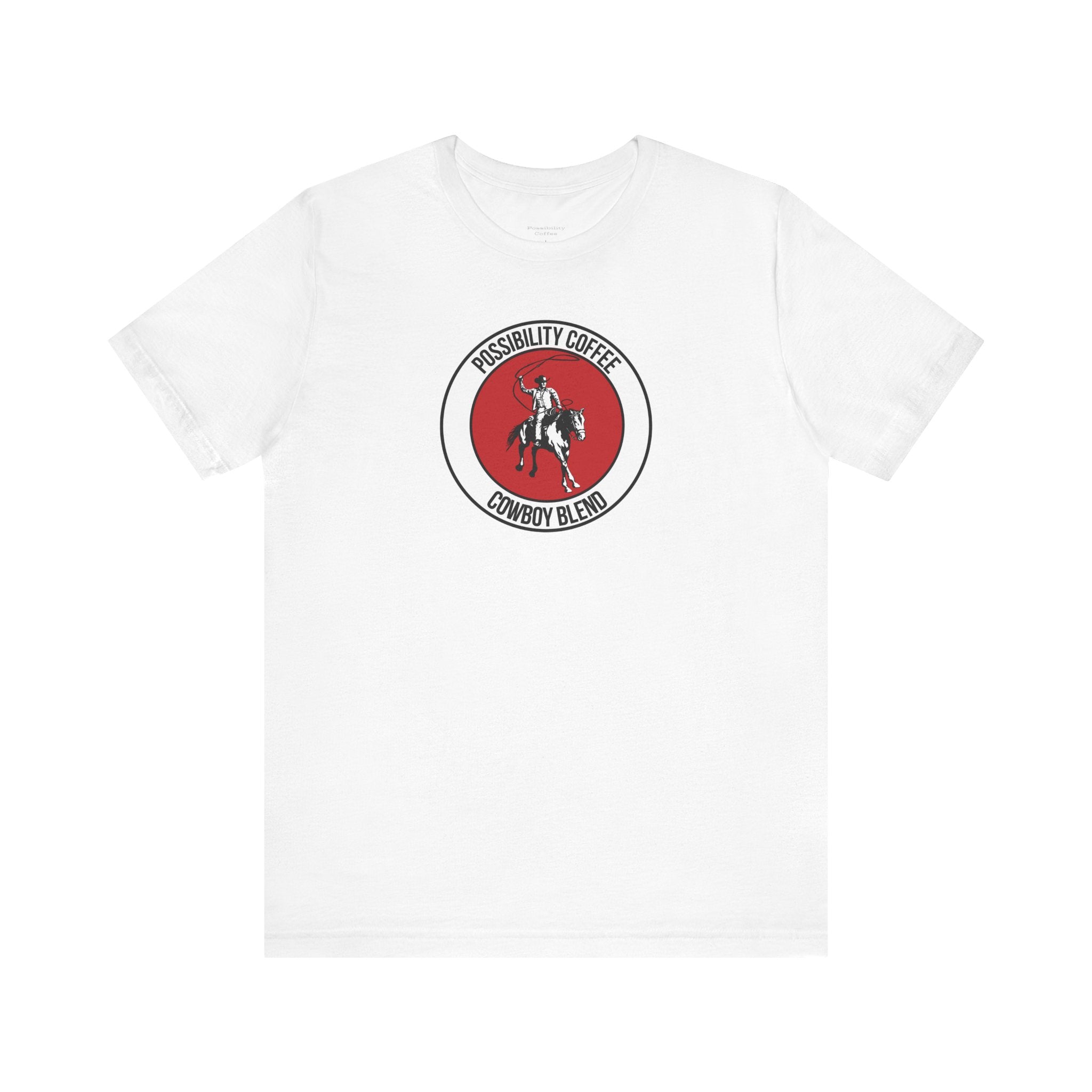 Cowboy Coffee White t-shirt with a red and black logo featuring cowboy on horse  on a white background