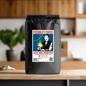 A bag of Possibility Coffee Single Origin Peru non chemical Swiss water decaf coffee on wood counter top in kitchen