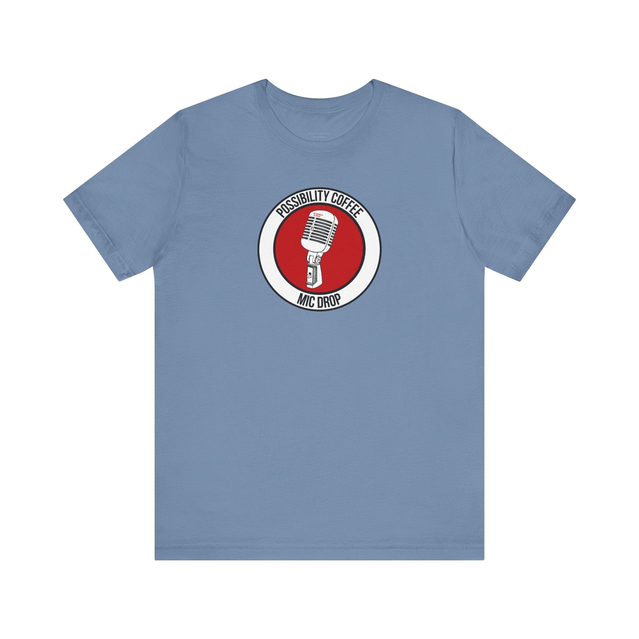 Mic Drop Blue t-shirt with a red and white graphic of a microphone on a white background
