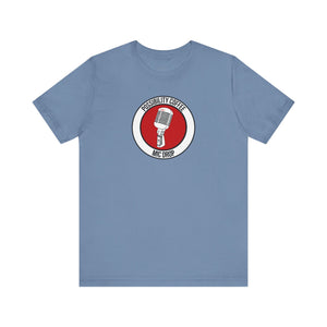 Mic Drop Blue t-shirt with a red and white graphic of a microphone on a white background