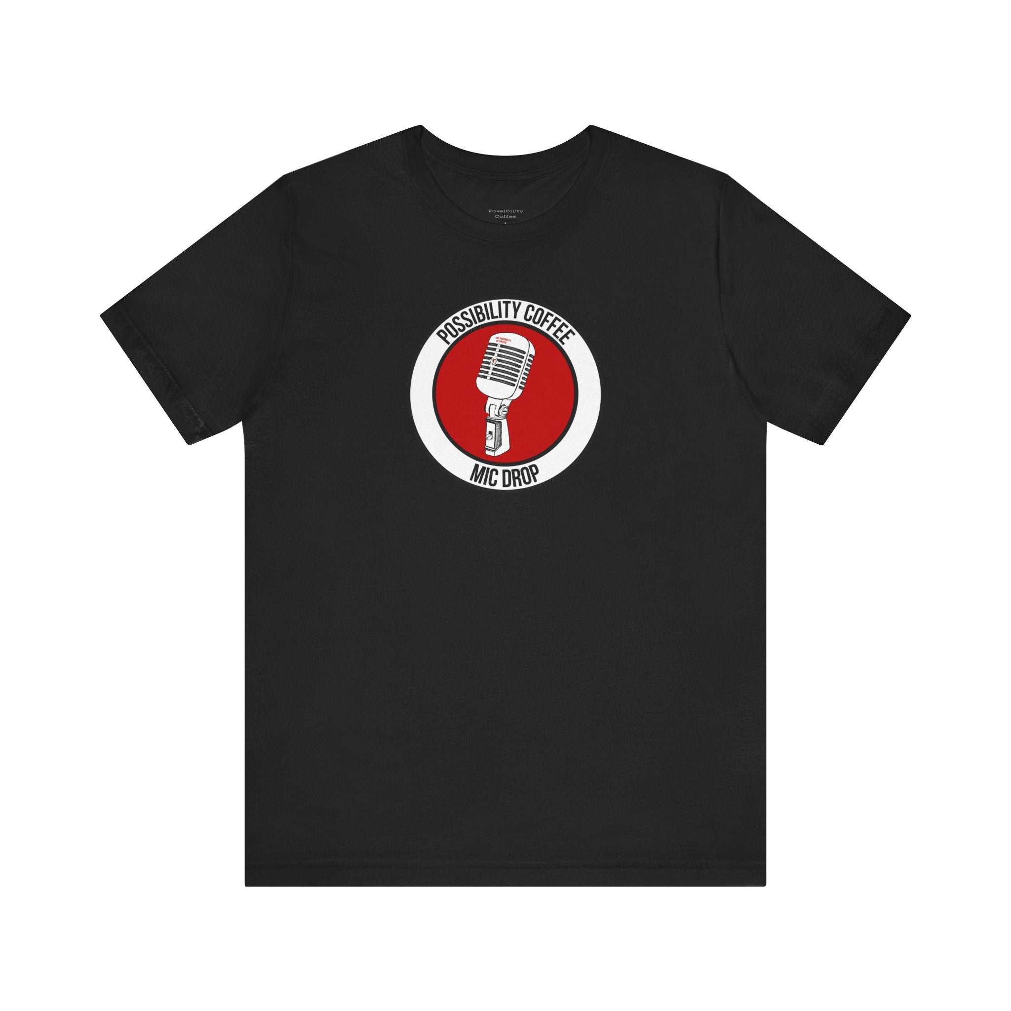 Mic Drop Black t-shirt with a red and white graphic featuring a microphone on a white background