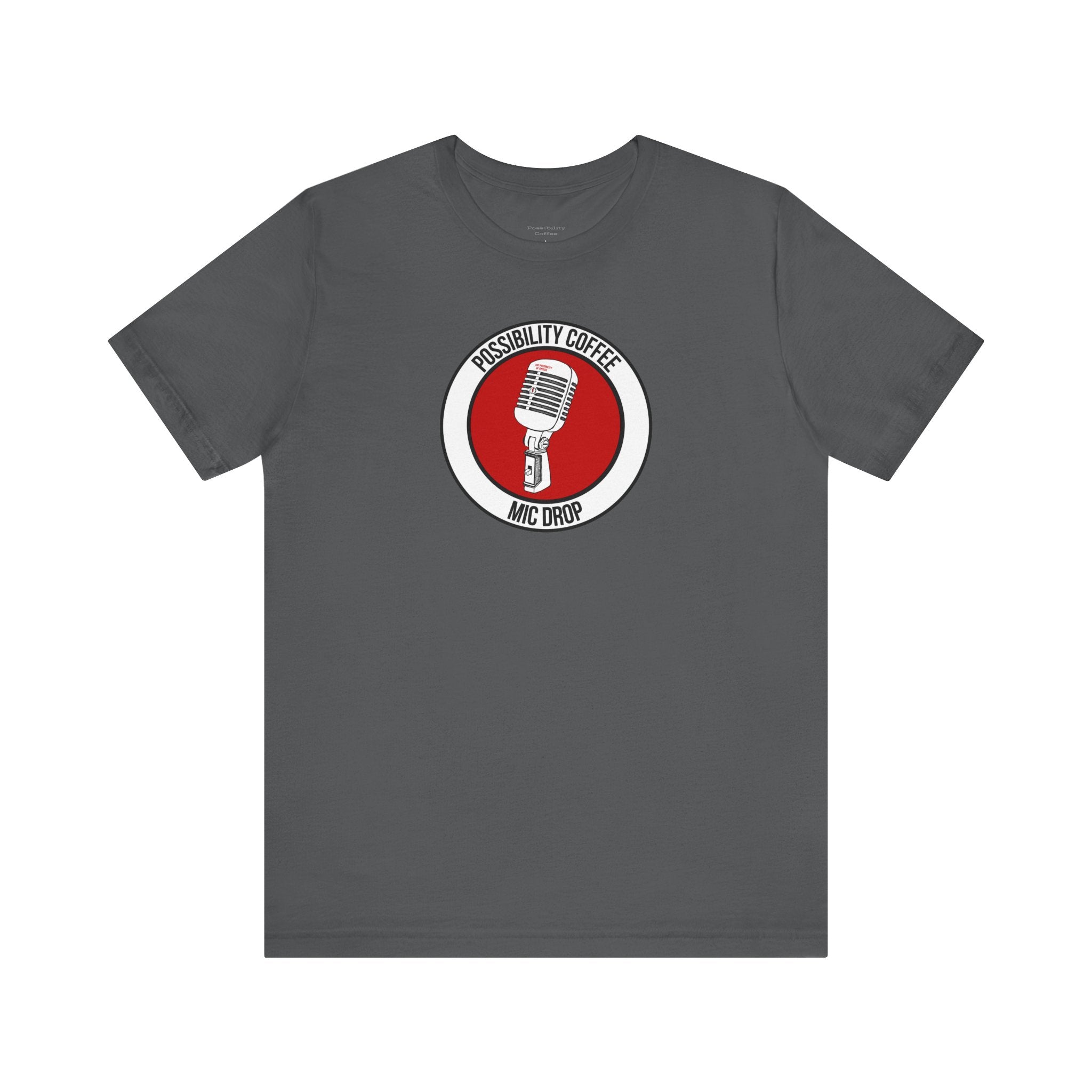 Mic Drop Gray t-shirt with a red and white graphic of a microphone on a white background