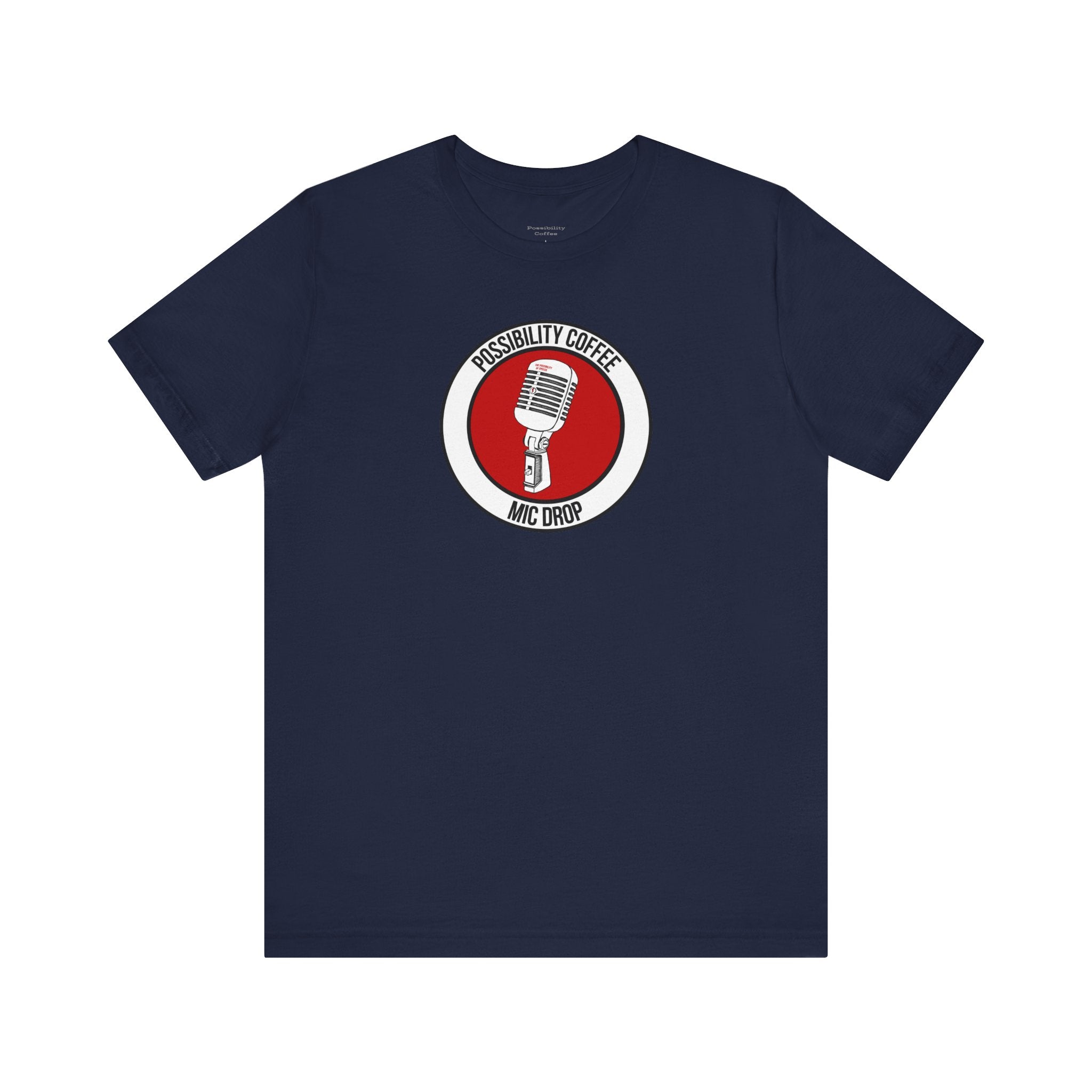 Mic Drop Navy blue t-shirt with a red and white graphic featuring a microphone on a white background