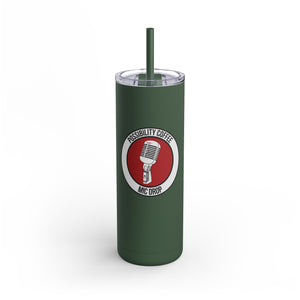 Mic Drop Green tumbler with a microphone graphic and text on a white background