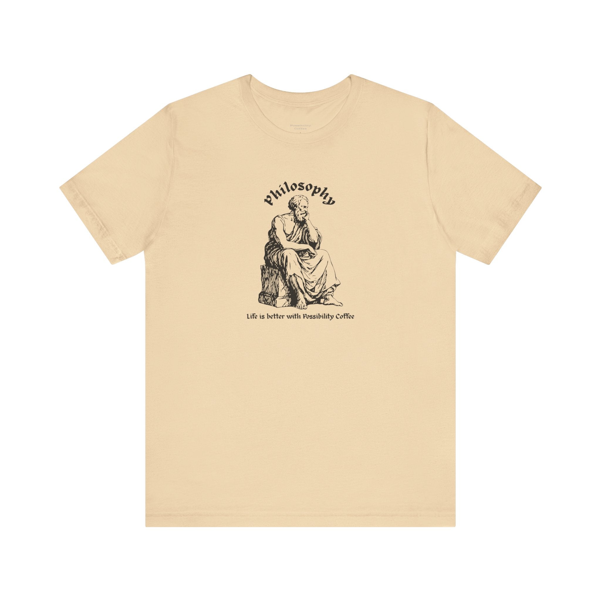 Beige t-shirt with design and text on a white background