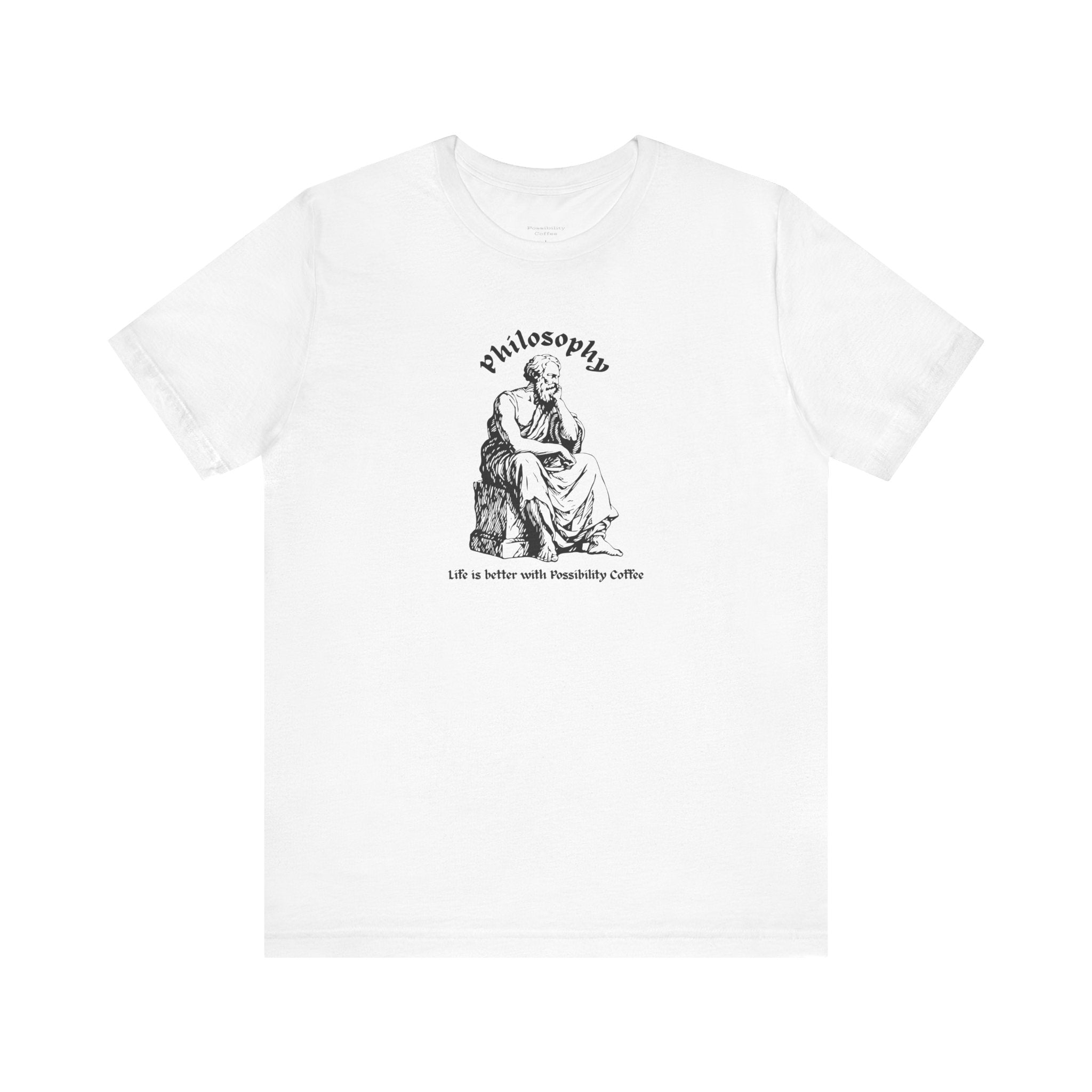 White t-shirt with design and text on a white background