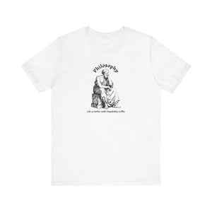 White t-shirt with design and text on a white background