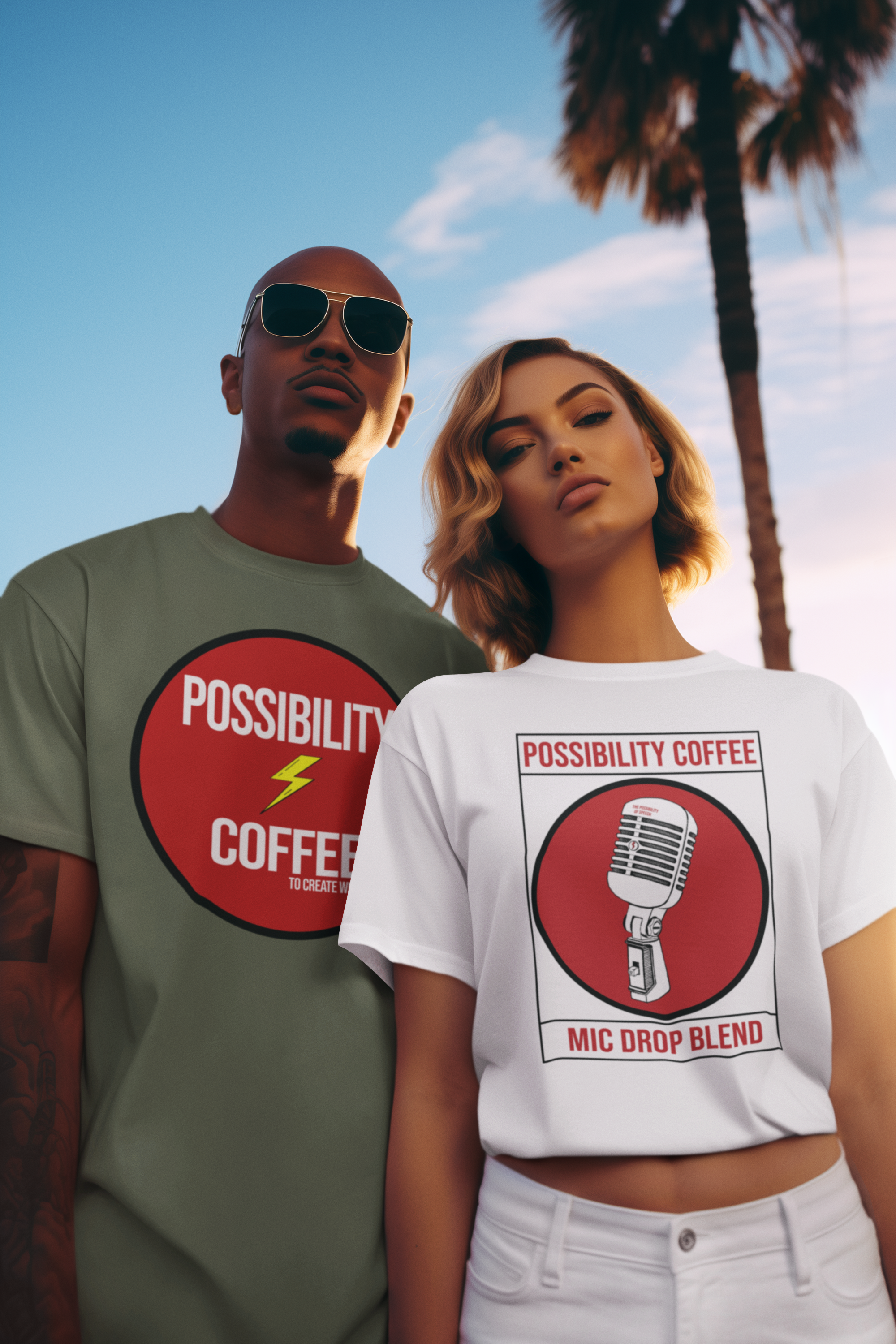 Man and woman wearing Possibility Coffee T-shirts