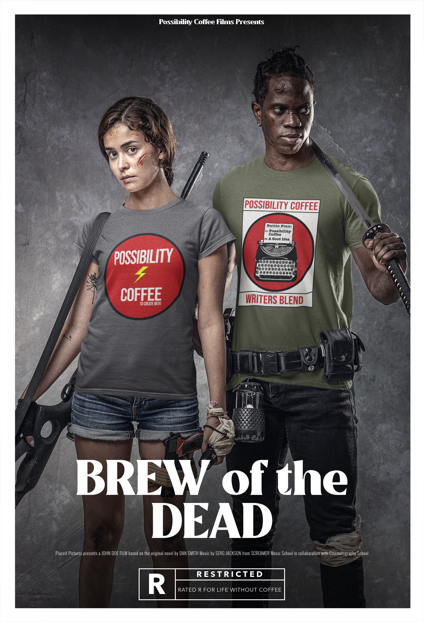 Man and woman on Zombie Movie Poster wearing Possibility Coffee T-Shirts