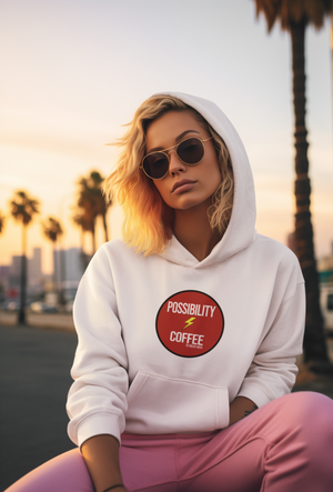 Girl wearing Possibility Coffee Hoodie