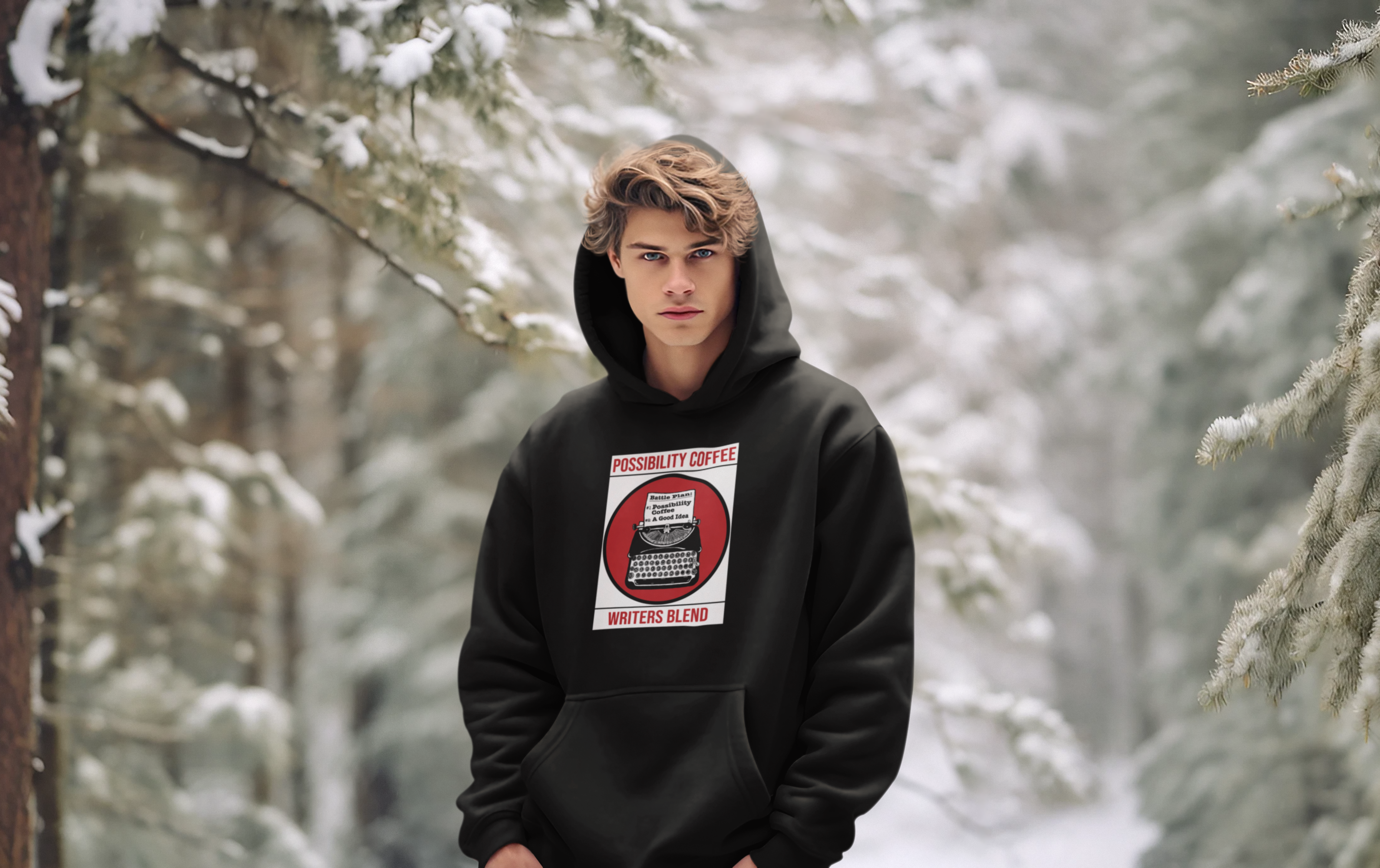 Man in Snow wearing Possibility Coffee Writers Blend Hoodie