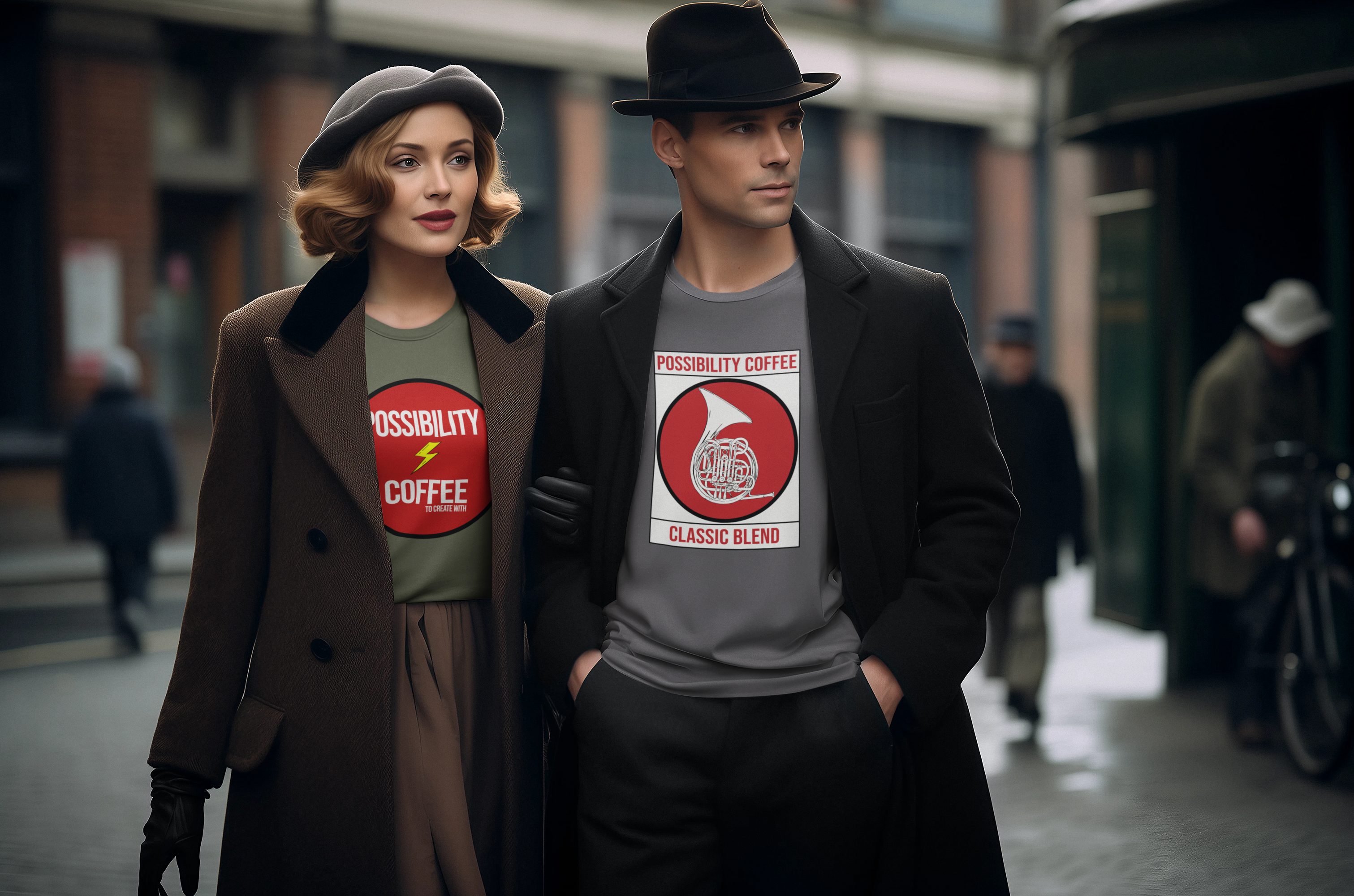 Man and woman wearing Possibility Coffee Classic Blend T-shirt 