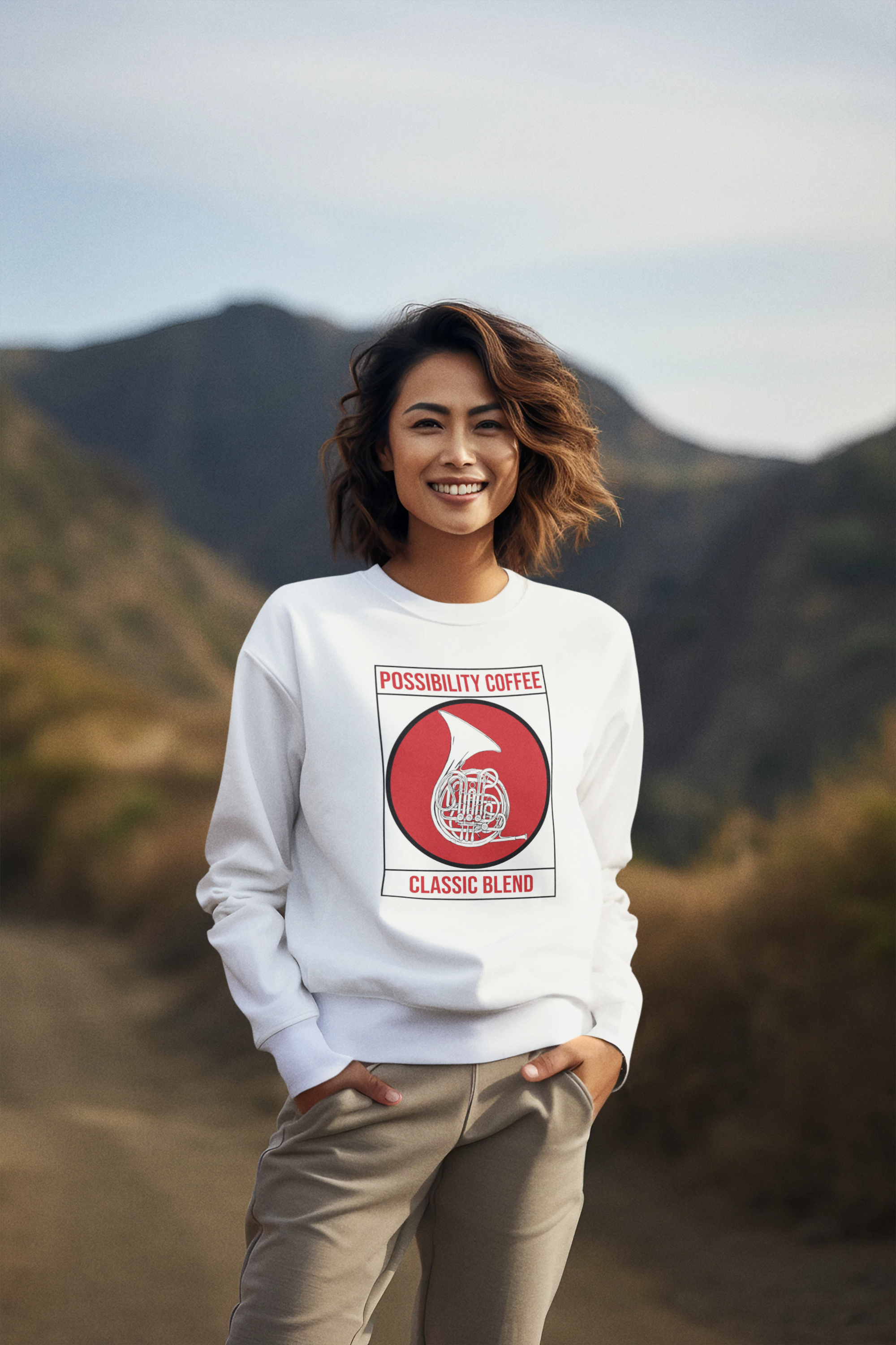 Woman on hiking trail wearing Possibility Coffee Classic Blend Sweatshirt