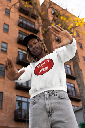 Man wearing Possibility Coffee Logo Sweatshirt