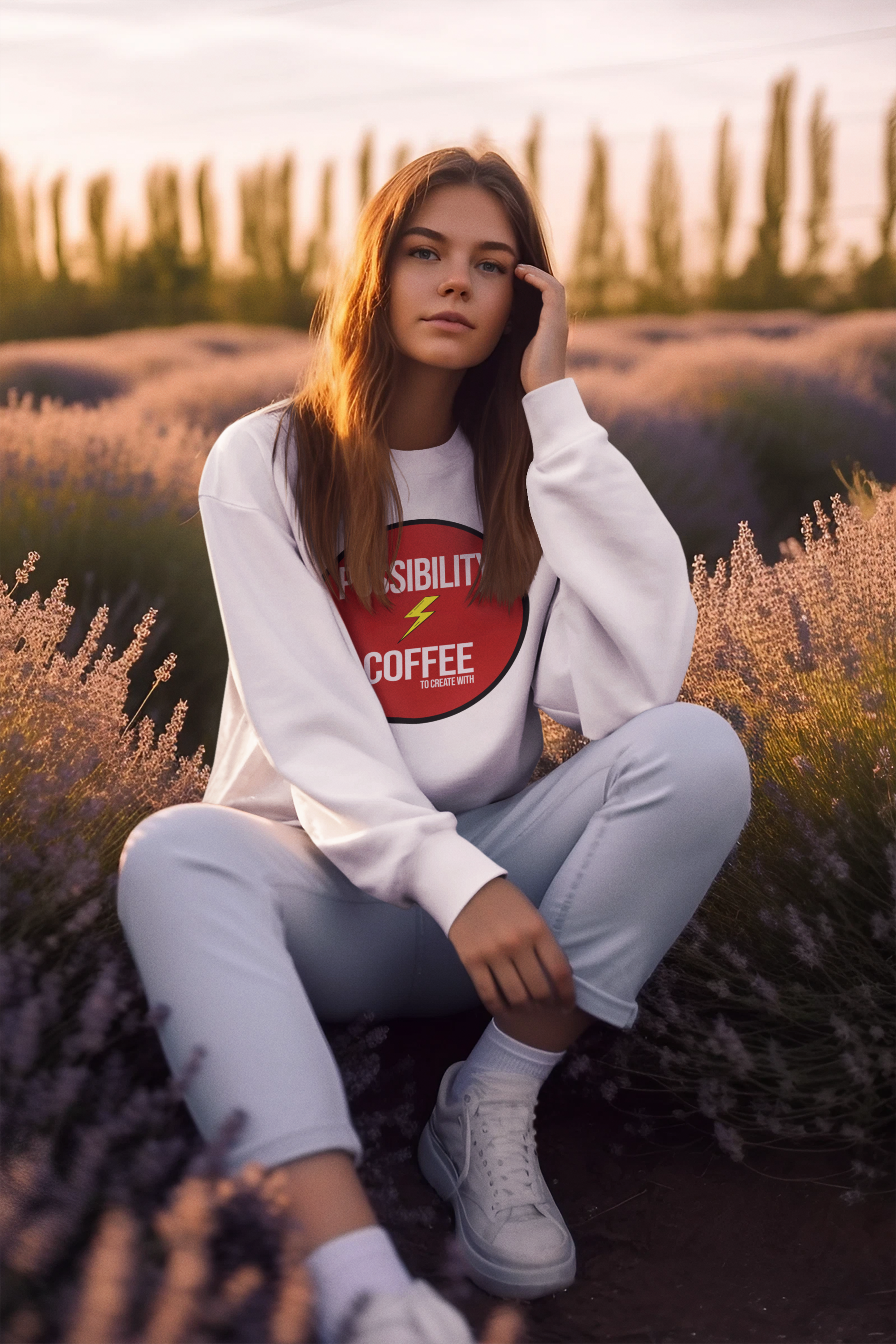 Woman in field wearing Possibility Coffee Logo Sweatshirt