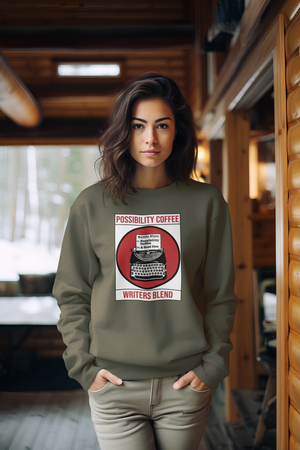 Woman wearing Possibility Coffee Writers Blend Sweatshirt